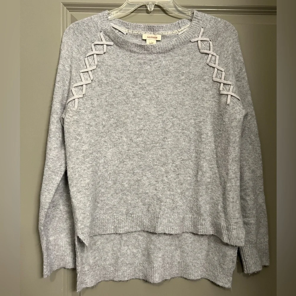 Sundance Lambswool Sweater Womens Small Light Gray Cross Creek Lace Up Hi Low - Picture 2 of 7